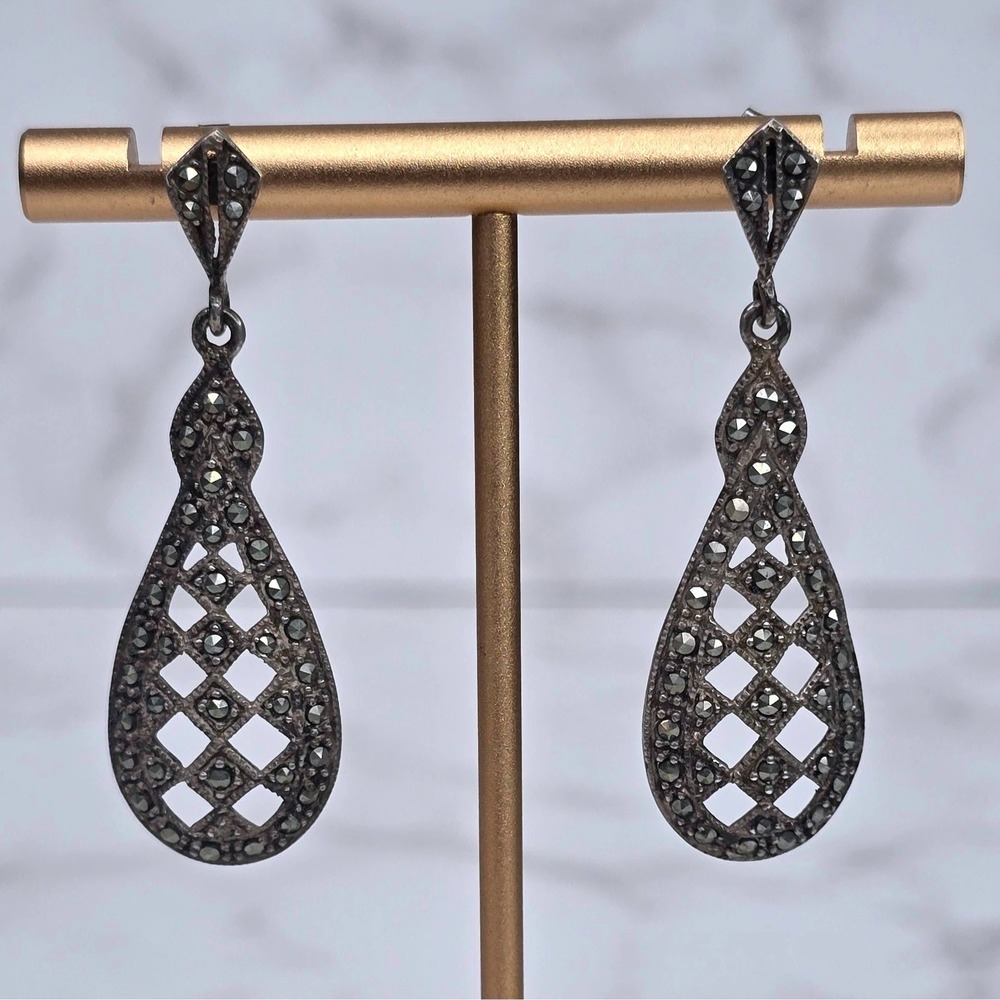 Vintage Art Deco Sterling Silver Marcasite Lattice Teardrop Dangle Earrings 6.3g